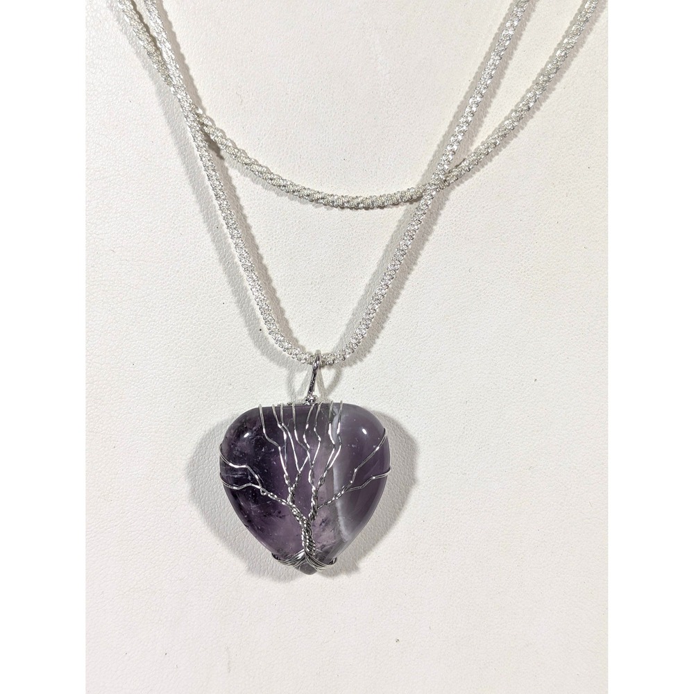 Amethyst Wire Wrapped Heart‎ Pendant Necklace Silver Tone Chain 18 Inch